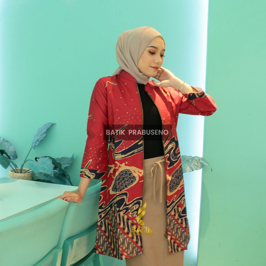 Blus Baju Batik Wanita Casual Formal Katun Halus Kantor Anggita Merah Hem Atasan Cewek Jumbo Tunik A