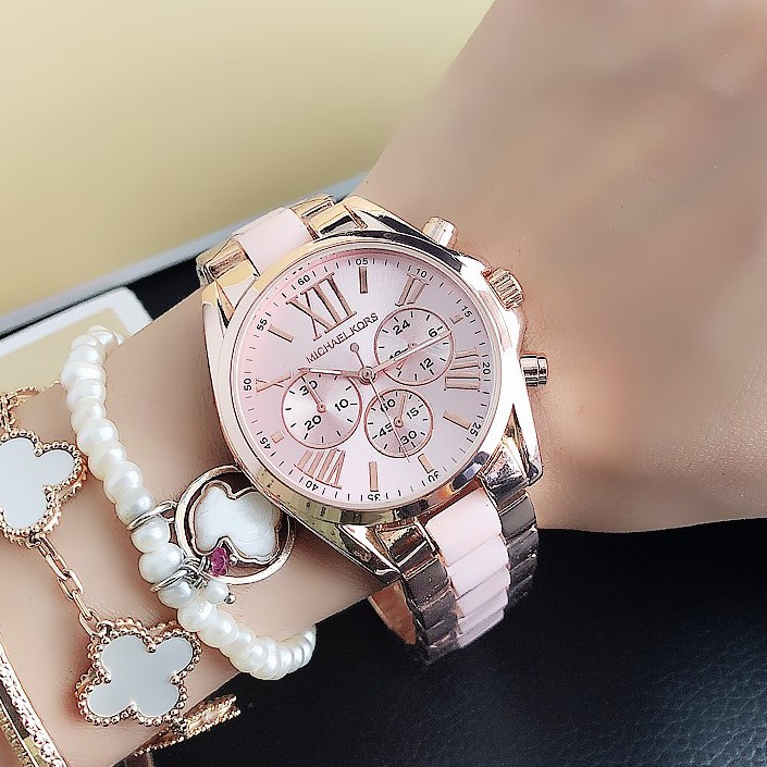 ✅COD MK Michael Kors Jam Tangan Quartz Dengan Strap Keramik Women Ceramics Watch INS Tiktok Hot-Merah Jambu