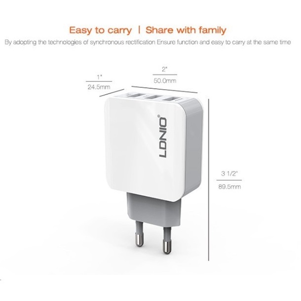 Adaptor Charger 3 Port USB Output 3.1A 15.5w Adapter - LDN-A3301 LDNIO