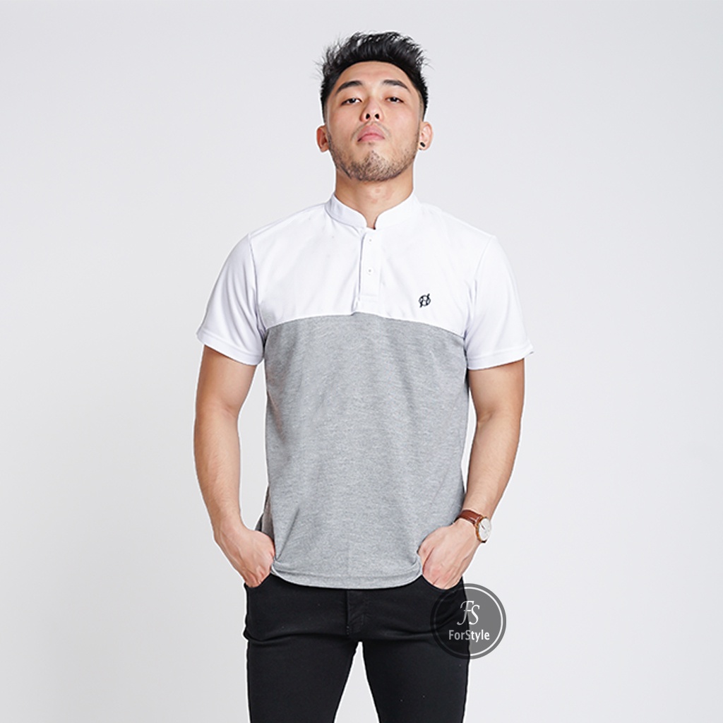 ForStylezone Polo Shirt Pria Lengan Pendek Pria Polos Kerah Shanghai Mix Putih Abu | Kaos Polo