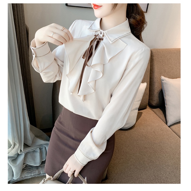 Blouse Kerah Ruffle Tipis Korea Kemeja Wanita Lengan Panjang