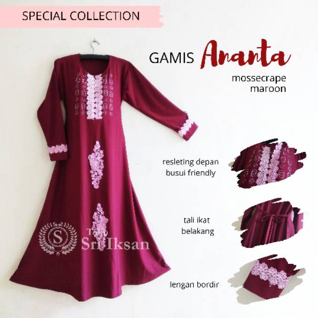 Gamis Muslim Wanita bahan Moscrape merah maroon