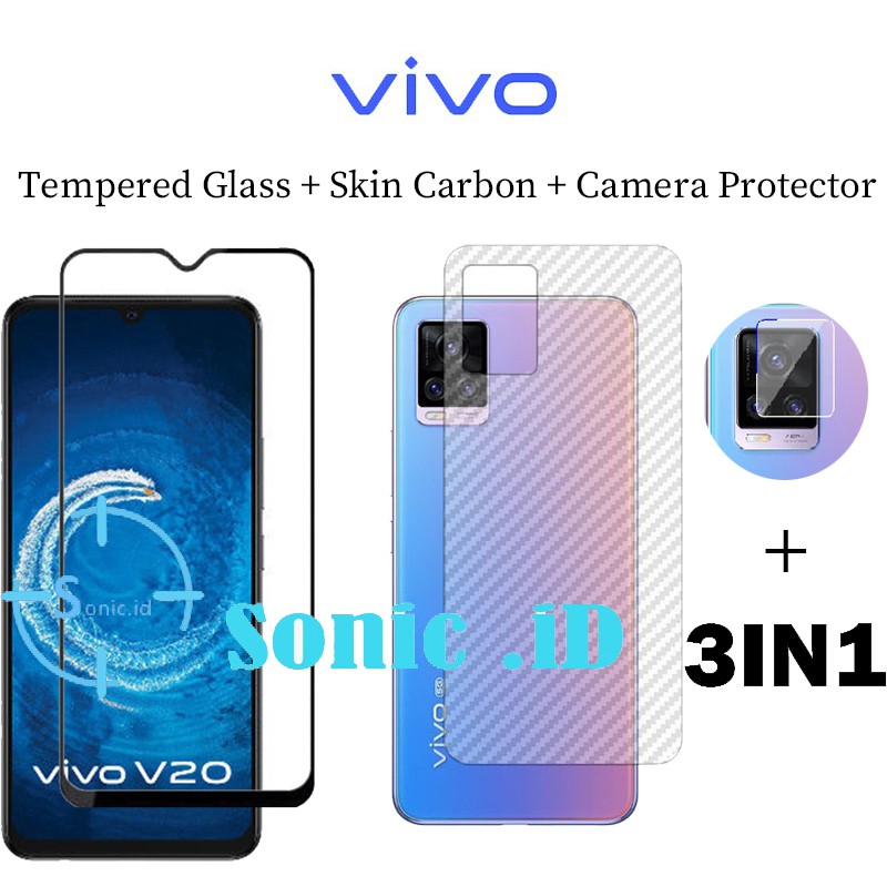 Paket 3in1 Tempered glass Vivo V20/V20 SE skin carbon