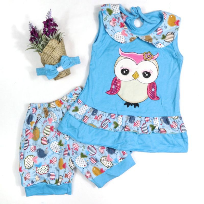 SETELAN BABY SR107 FASHION BAJU ANAK PEREMPUAN MOTIF OWL 1 TAHUN GAMBAR BORDIR