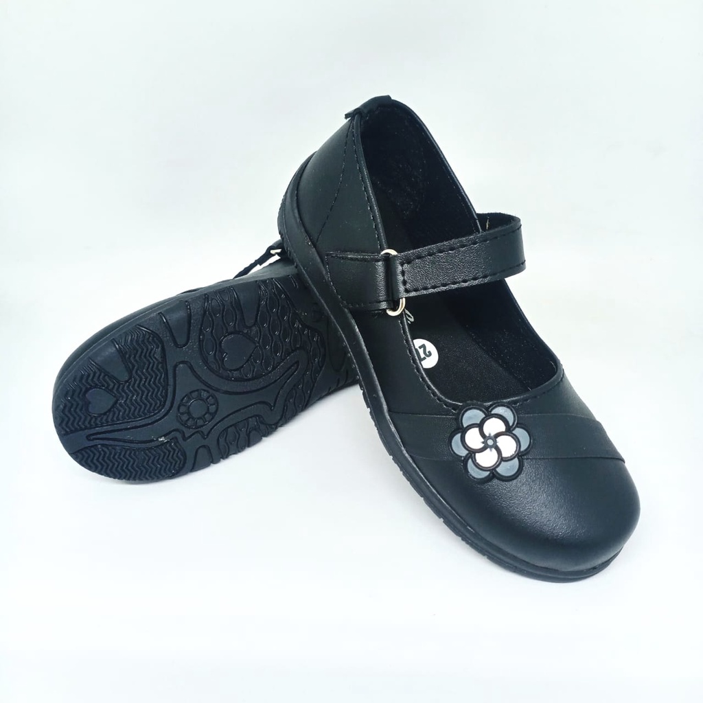 Aline Sepatu Anak Perempuan Size 26-35 Pantofel Sekolah Hitam PAUD TK SD Flats Bunga/Pita AA10