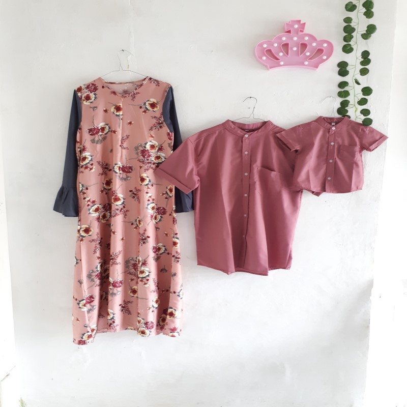 Family Set Baju Koko Couple Ayah Anak Gamis Dusty Pink