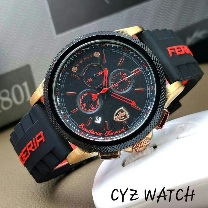 Jam Tangan Pria Elegan Exclusive FERRARI SCUDERIA MONSTER Premium Watch Black Rosegood
