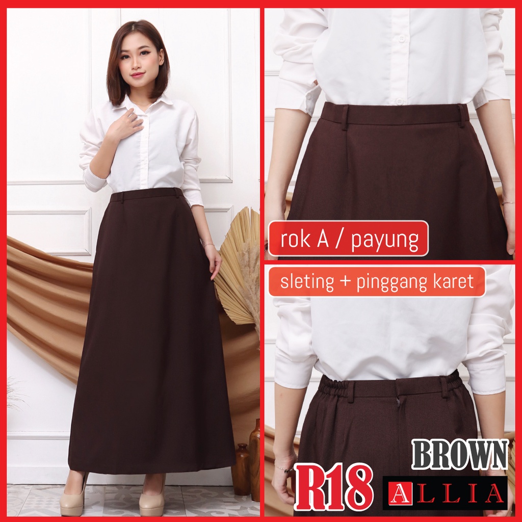 ALLIA R18 - BROWN M - 7L - Rok A Wanita - Rok Panjang Wanita - Rok kerja wanita - ROK Putih