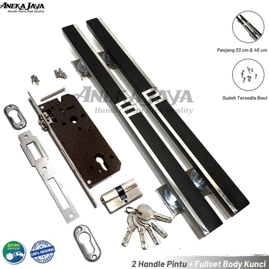 Satu set kunci Handle Pintu rumah 33 cm &amp; 45 cm hitam stainlees / Gagang Pintu rumah / Tarikan Pintu