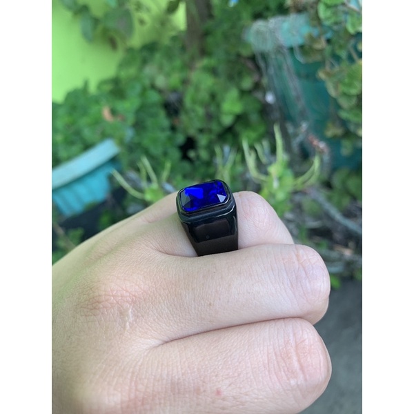 Cincin Pria Octagon Royal Blue Saphire Akik Safir Biru Ring Black Gun Titanium Stainless Steel Anti Luntur dan Karat