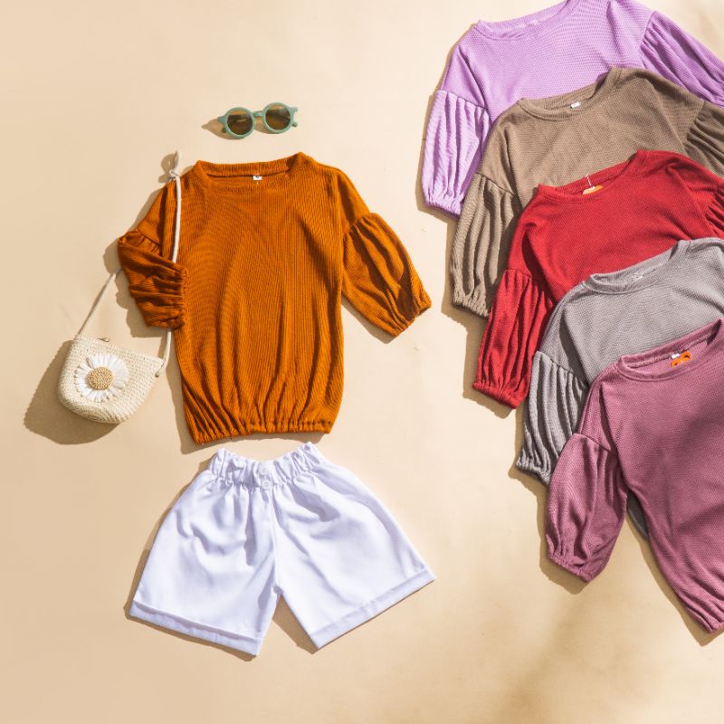 MOA BLOUSE | Baju Atasan Knit Anak Lengan Balon 3-9 Tahun | Blouse Rib Knit Premium
