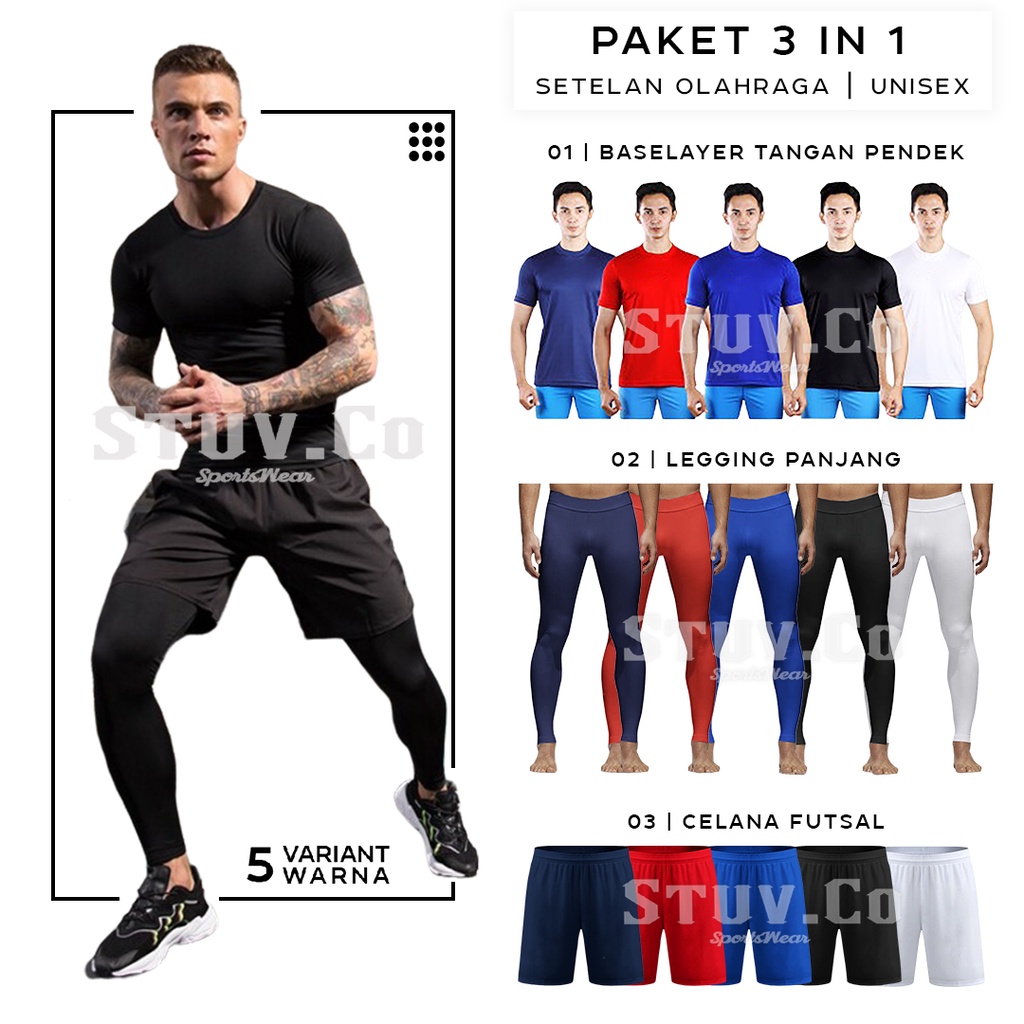 3IN1 STELAN OLAHRAGA MANSET BASELAYER TANGAN PENDEK LEGGING PANJANG DAN CELANA FUTSAL UNISEX KEREN