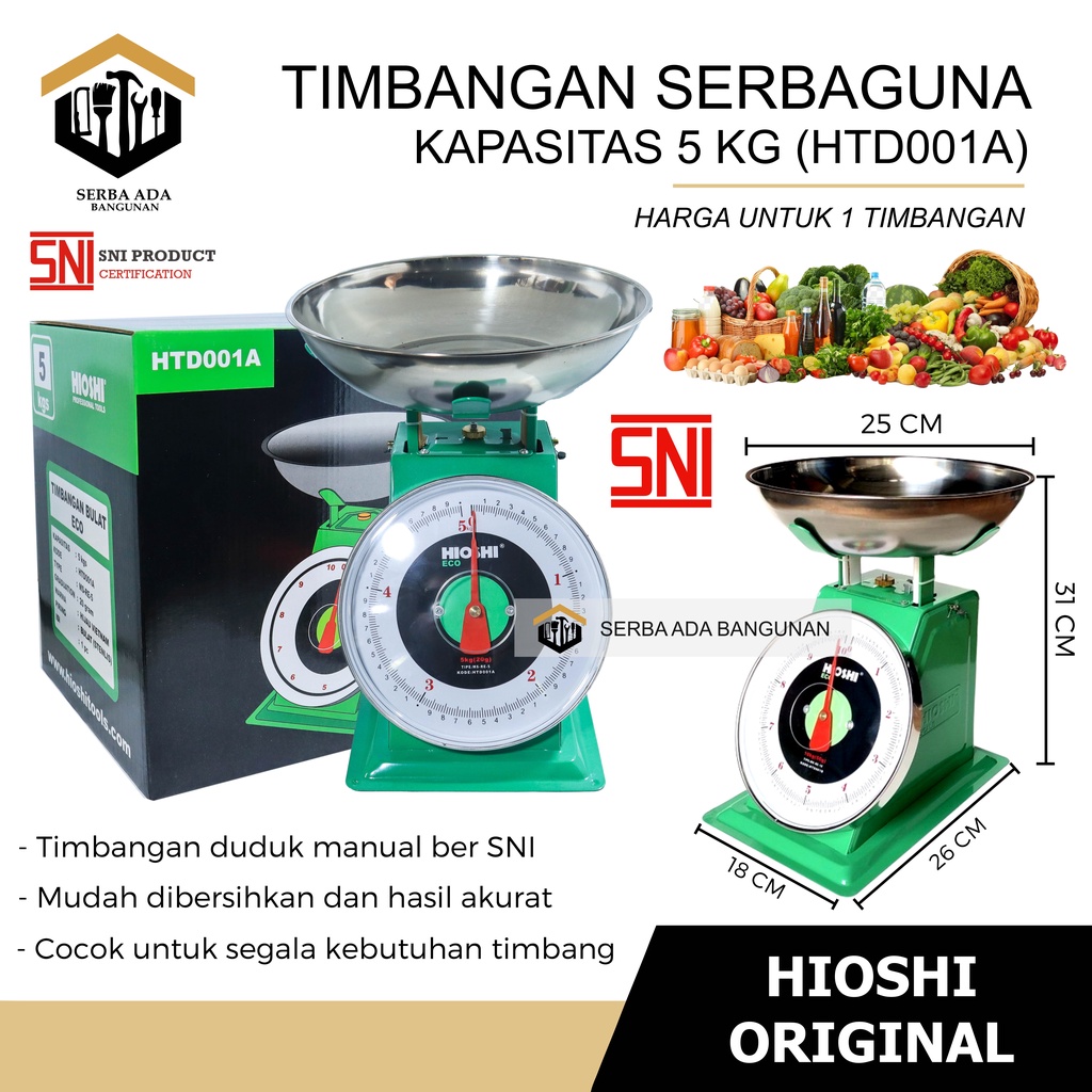 Timbangan Buah HIOSHI 5 kg Besi Stainless Jarum Analog Manual Duduk Sembako Telor Kue Tepung Buah Sayur Daging Ikan Laundry