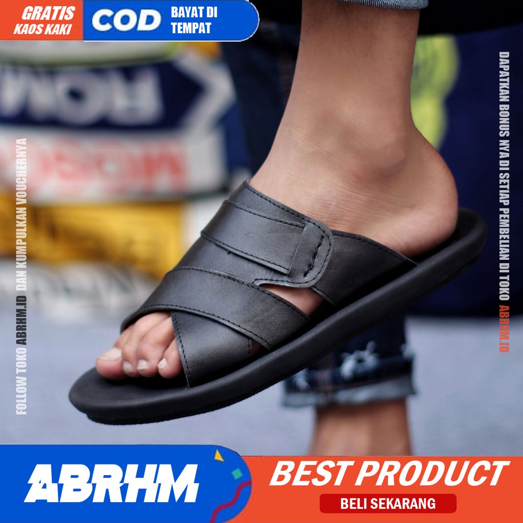 ABRHM x EXCO Sandal Slide Pria Sandal Slop Pria Kulit Asli Sendal Selop Cowok / Cowo Ori Kekinian