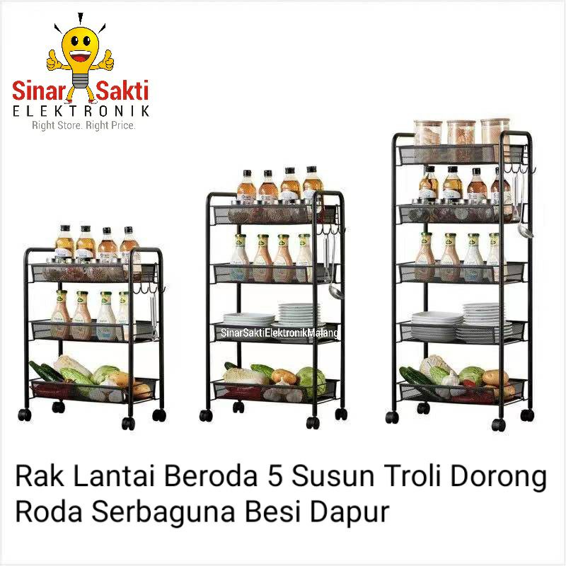 Rak Dorong Beroda 5 Susun Troli Dapur Penyimpanan Serbaguna Roda Malang