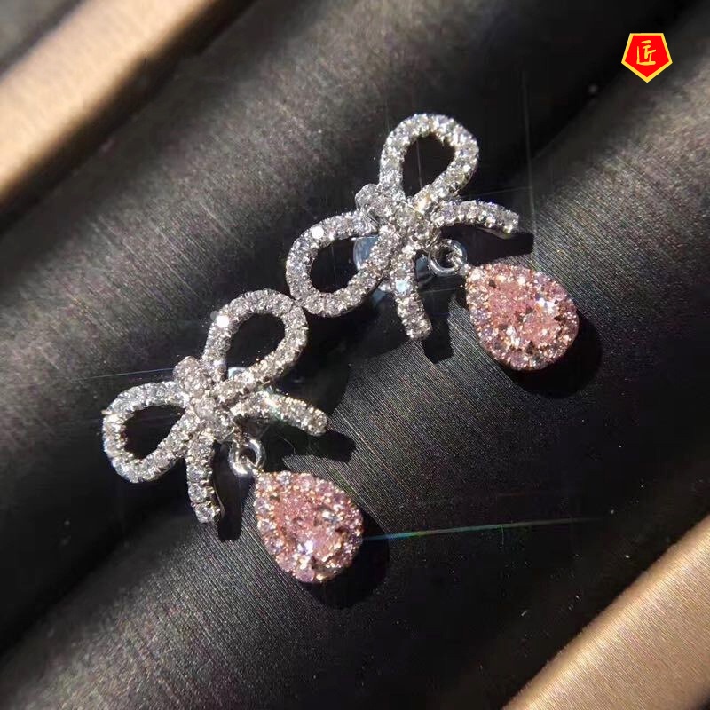 [Ready Stock]Fairy Temperamental Bow Pink Diamond Stud Earrings