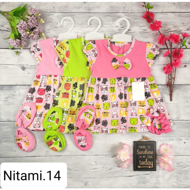NITAMI DRESS BAYI SET HANGER + BANDANA + SEPATU USIA BABY 6-12 BULAN