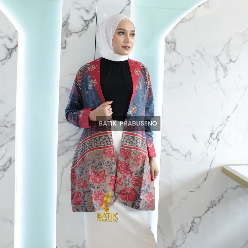 Almira Blazer Atasan Batik Wanita Modern Lengan Panjang Full Furing Lapis Trikot Katun Printing Handmade Prabuseno Original Premium