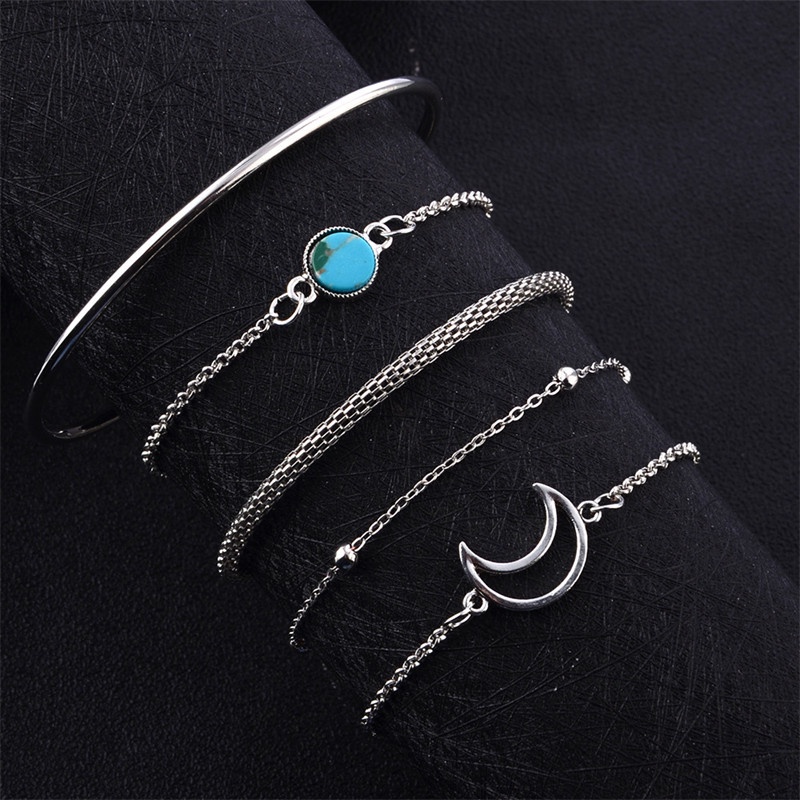 5pcs / Set Gelang Rantai Ular Multilayer Bentuk Bulan Warna Silver Untuk Wanita