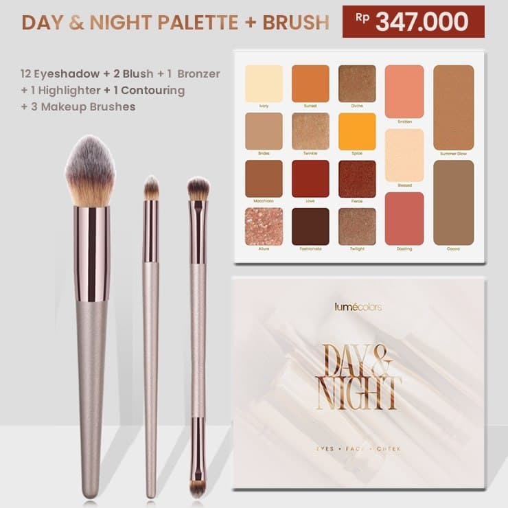 Lumecolors Day & Night Eyeshadow Palette Make Up Kosmetik Wajah Face Blushon Counturing + Brush