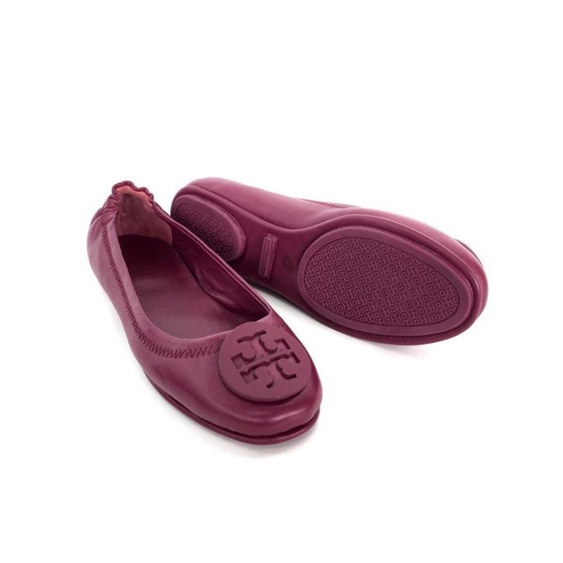 Tory Burch Sheepskin Double T Logo Flat Ballet Shoes Purple