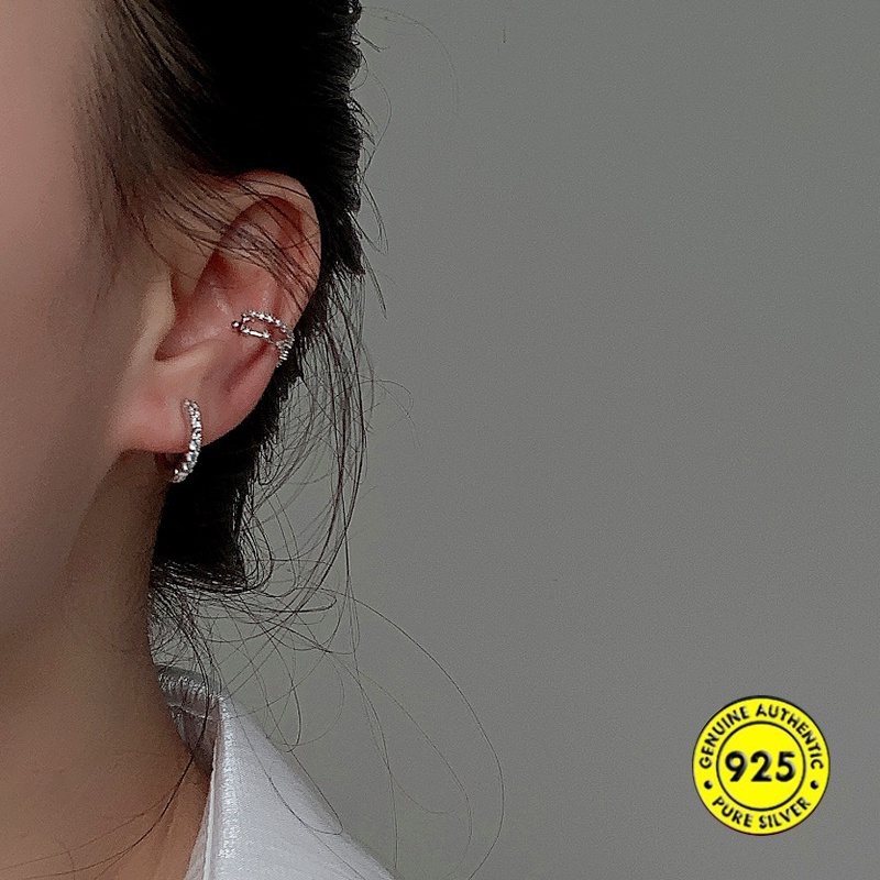 Anting Stud S925 Silver Hias Berlian Baris Tunggal Gaya Korea Untuk Wanita