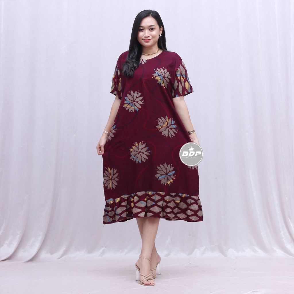 Dianputri - Daster Maura Batik Cap Rayon Grade A Motif Terbaru Busui Resleting Depan - Baju Tidur Daster Kekinian-adiba burgundy