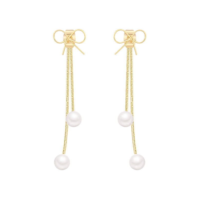 Anting tusuk - A-561 - gold - ada pita dan tali panjang dengan mutiara