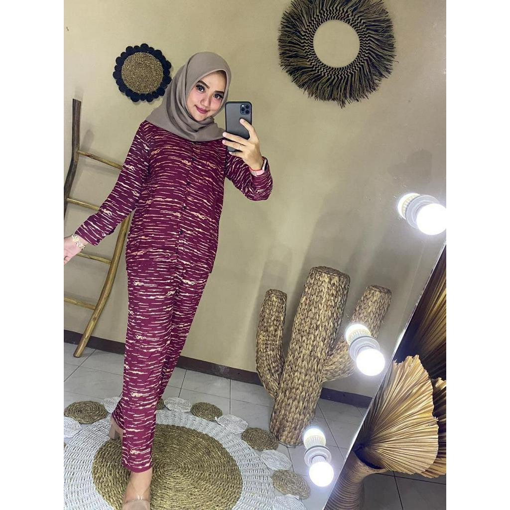 Nikita Salur One Set Wanita Jumbo Rayon Premium Setelan Wanita Waka Waka Batik Lengan Panjang Panjang Set Celana Kekininan LD 135 cm
