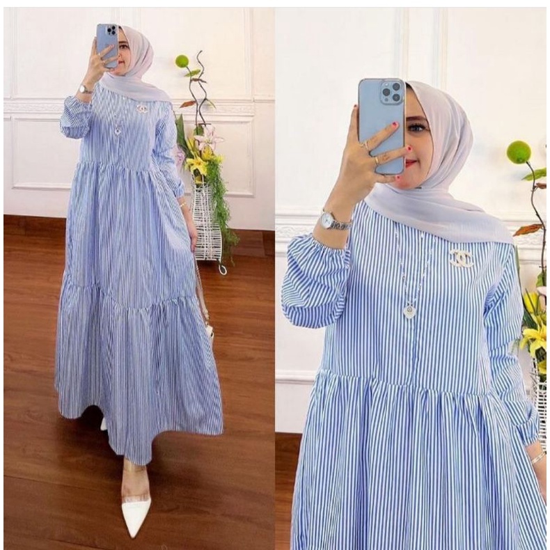 sonya dress salur salur/gamis baby blue/longdress  biru muda cakep cantik