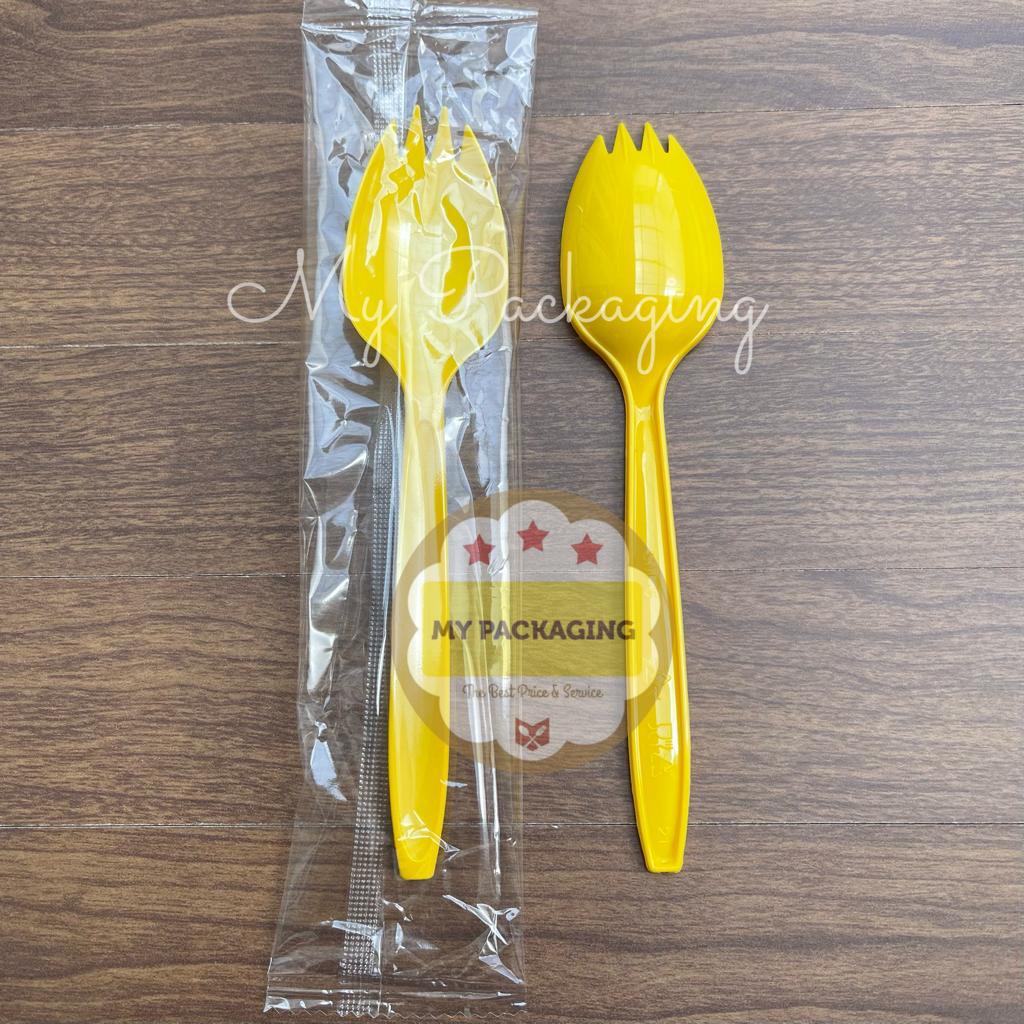 Sendok Plastik PREMIUM Ujung Garpu 100pcs - SPOON FORK SPORK WRAPPING Sudah Dibungkus PLASTIK satuan - Bagus Kuat Halus tidak kasar