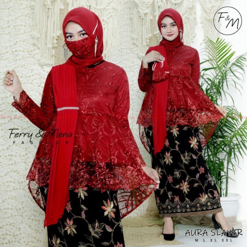 PROMO!! set kebaya Aira selendang/set kebaya Aurora selendang/kebaya modern/kebaya pesta-Set maroon