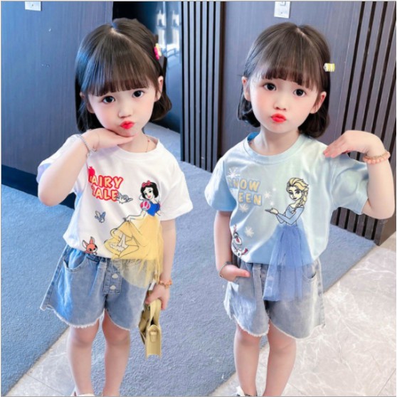 Baju Kaos Princess Anak Perempuan Elsa Frozen Snow White Mermaid