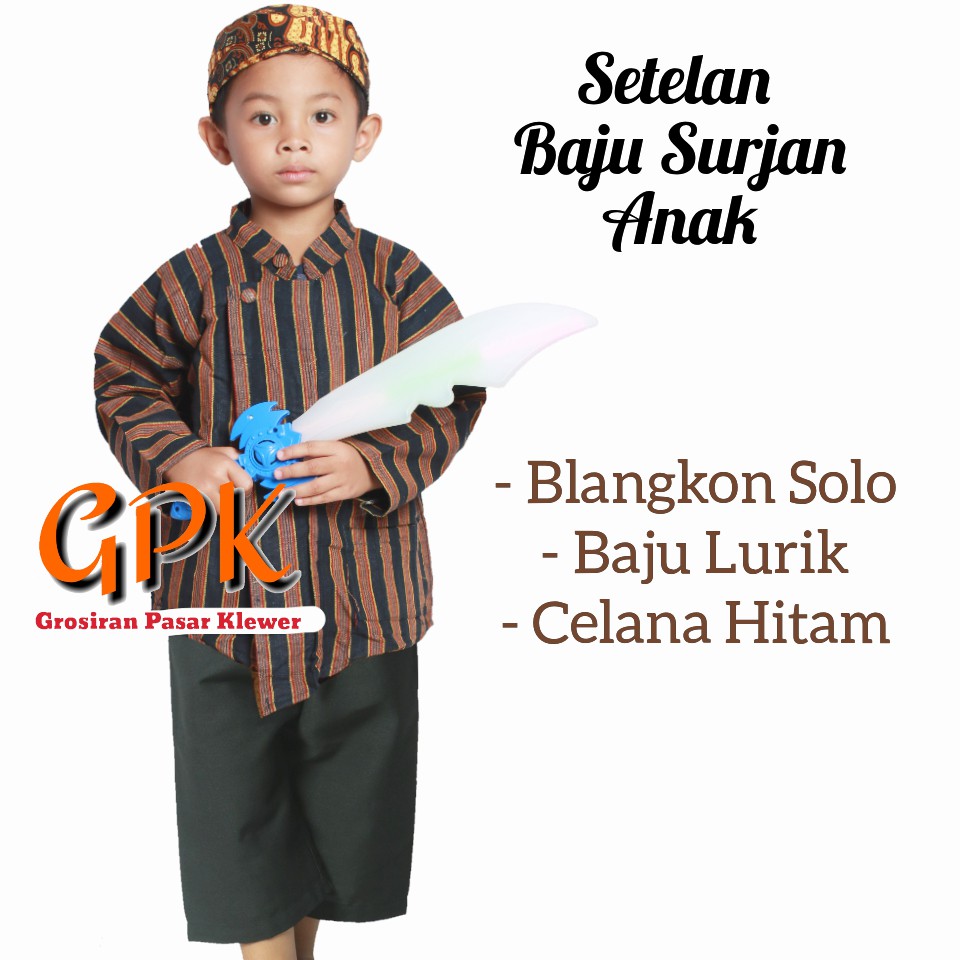 SETELAN BAJU Surjan Celana Hitam Lurik Anak + BLANGKON Solo