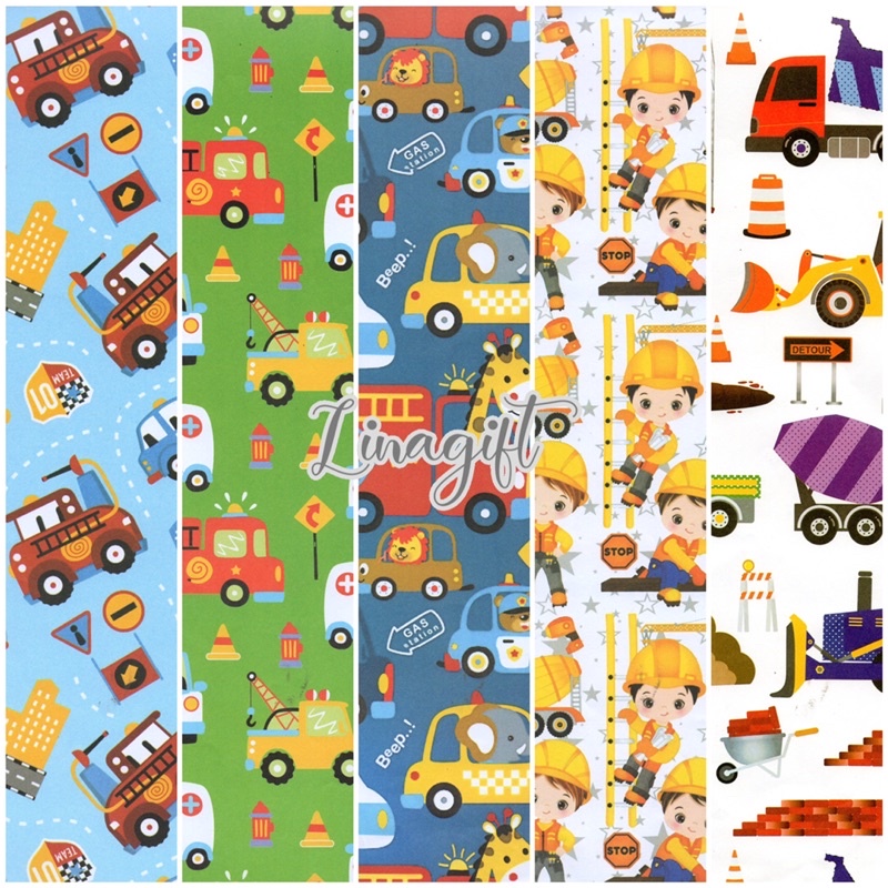 ( 5 Lembar ) KERTAS KADO SQ  DOFF - GIFT WRAPPING PAPER CARS / TRUCK / TRACTOR / RACING CAR / FERARRI