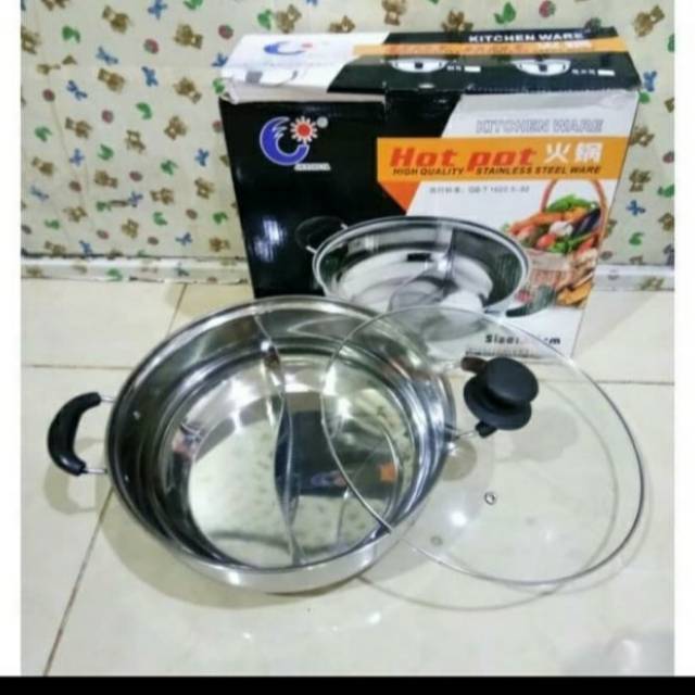 Panci shabu shabu 30cm / panci sekat 3 tutup kaca 30cm
