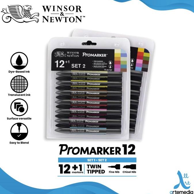

(BISA COD) Marker Winsor & Newton Promarker Set 12 Dual Point Pena Kuas Warna NEW Kode 165