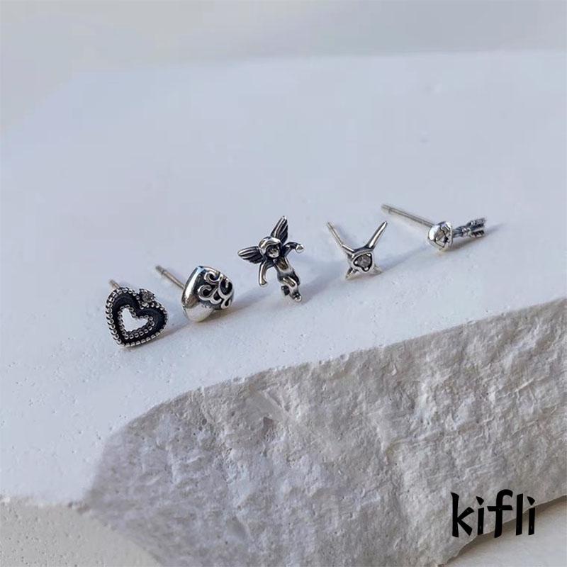 5pcs / Set Anting Tusuk Retro Bentuk Hati / Panah / Malaikat Untuk Wanita (KD)