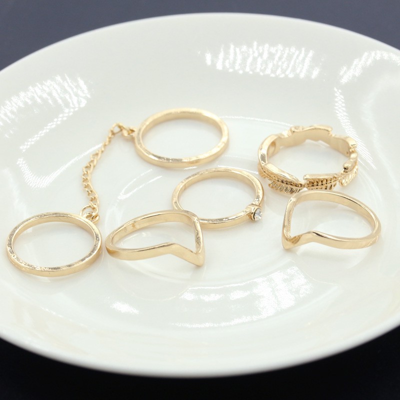 6pcs / Set Cincin Emas Perak Mode Mode Cincin Set Individu Dengan Daun Berlian V-Fingered Joint