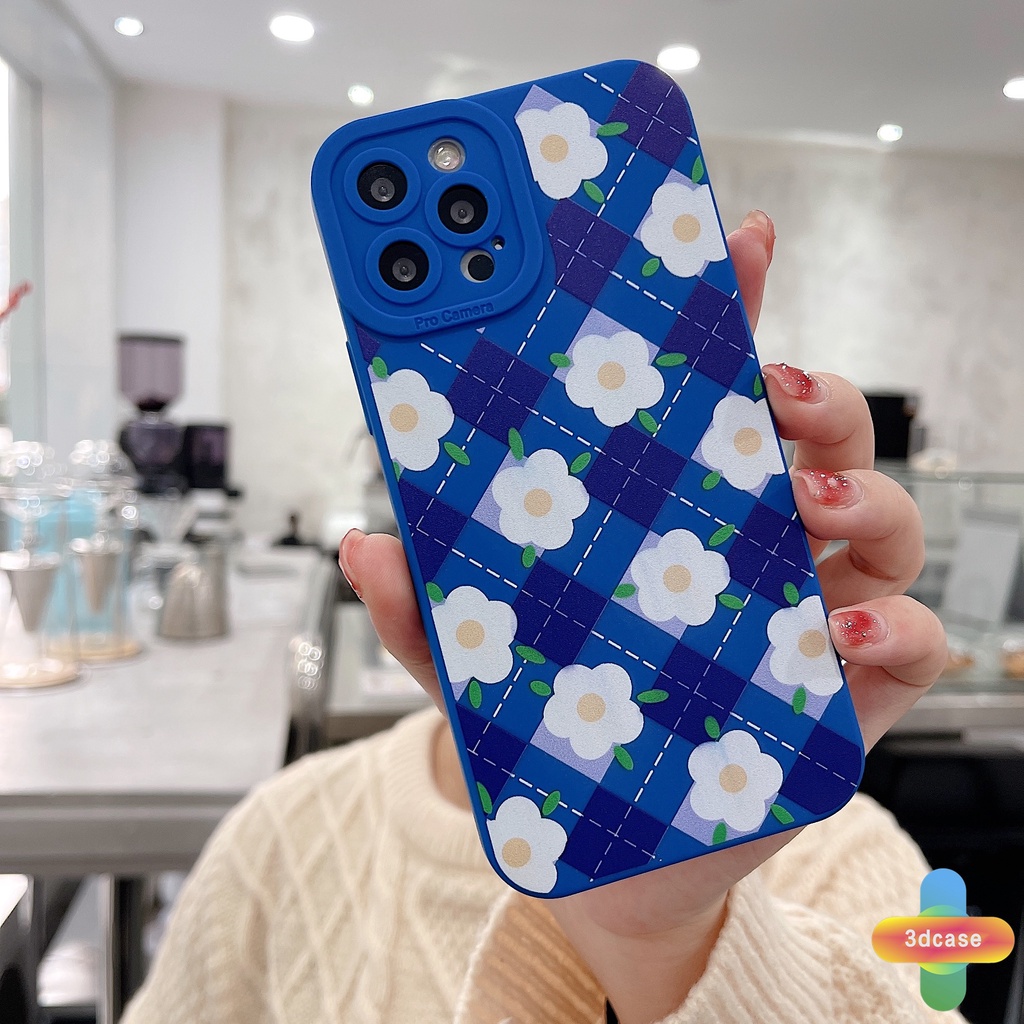 Soft TPU Case Compatible For IPhone 7 Plus 11 6 6S 8 Plus XR 11 12 13 PRO MAX X XS MAX Se 2020 6SPlus 7Plus 6Plus 8Plus XSMAX Klein Blue Plaid White Flower Anti-fall Case