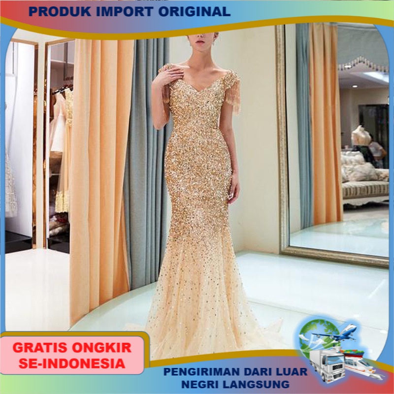 Gaun wanita gaya Eropa Amerika terbaru Pakaian Wanita Lengan V Leher rok perempuan panjang style bun