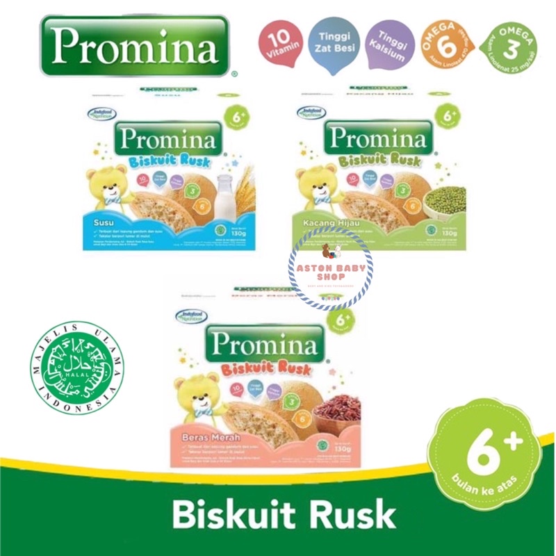 Promina Biskuit Rusk 6m+ Susu/ Kacang Hijau/ Beras Merah Biskuit Bayi 6 bulan ke atas