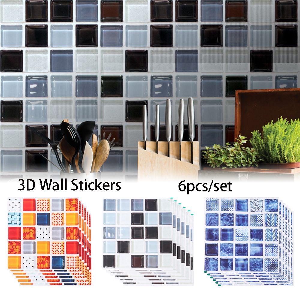 Solighter 6pcs/set Stiker Dinding Kamar Mandi 3D Dapur Mural Lantai Ubin