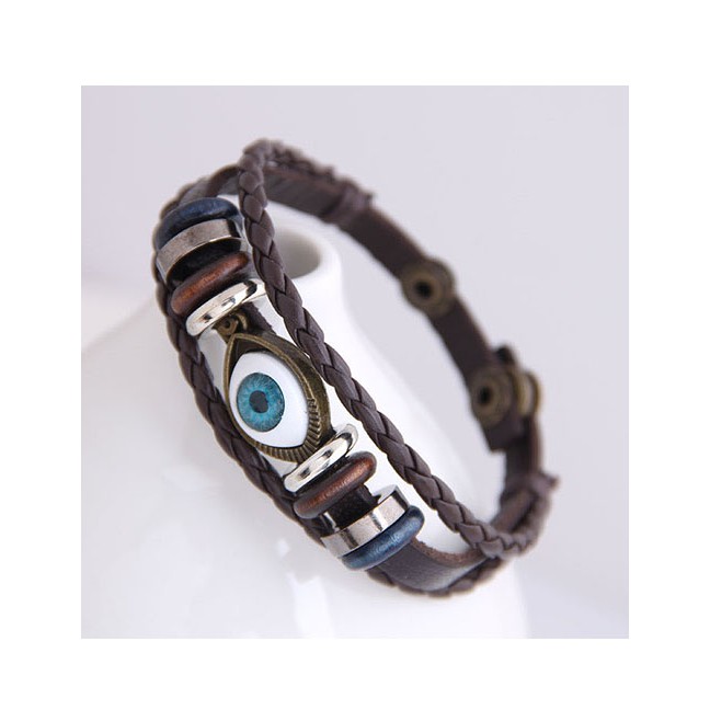 LRC Gelang Tangan Fashion Brown Pu Leather Alloy Eye Multi-layer Bracelet A60499