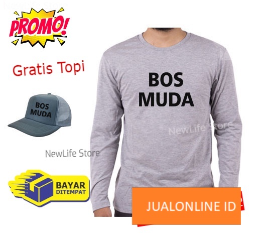 Beli Baju Gratis Topi - Kaos Distro Bos Muda Hitam  Premium Pria Wanita Lengan Panjang