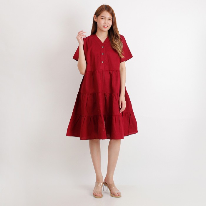 RD05 Lovia Button Dress Midi Katun Ruffle Wanita Casual Lengan Pendek(E9L7) TUNIK MIDI DRESS / TERUS