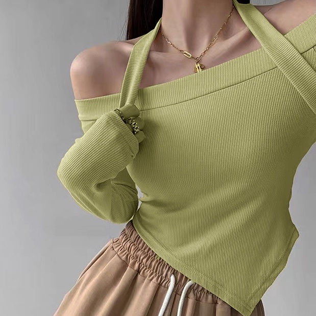 【LIVIAHOME】Halter Neck Tie Off-Shoulder Asymmetric Hem Crop Tee 7284 (S-L)