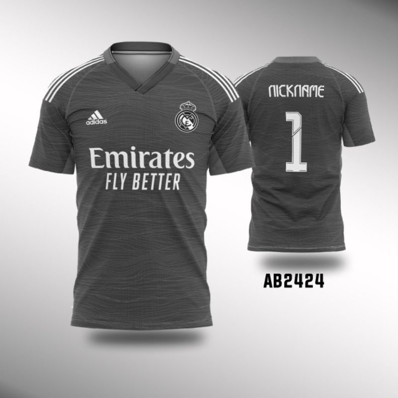 Kaos Jersey bola kiper Real Madrid 2021/2022 home hitam v neck custom free nickname AB2424 XS-XL
