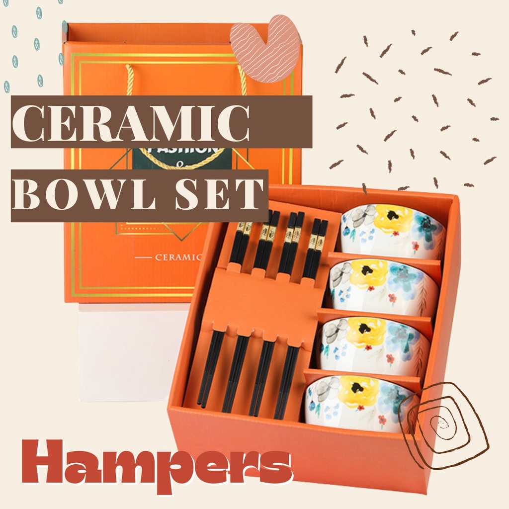 Floral Ceramic Bowl Set / Alat Makan Mangkok Sup Keramik Sumpit /Bingkisan Parcel Souvenir / Gift Bo
