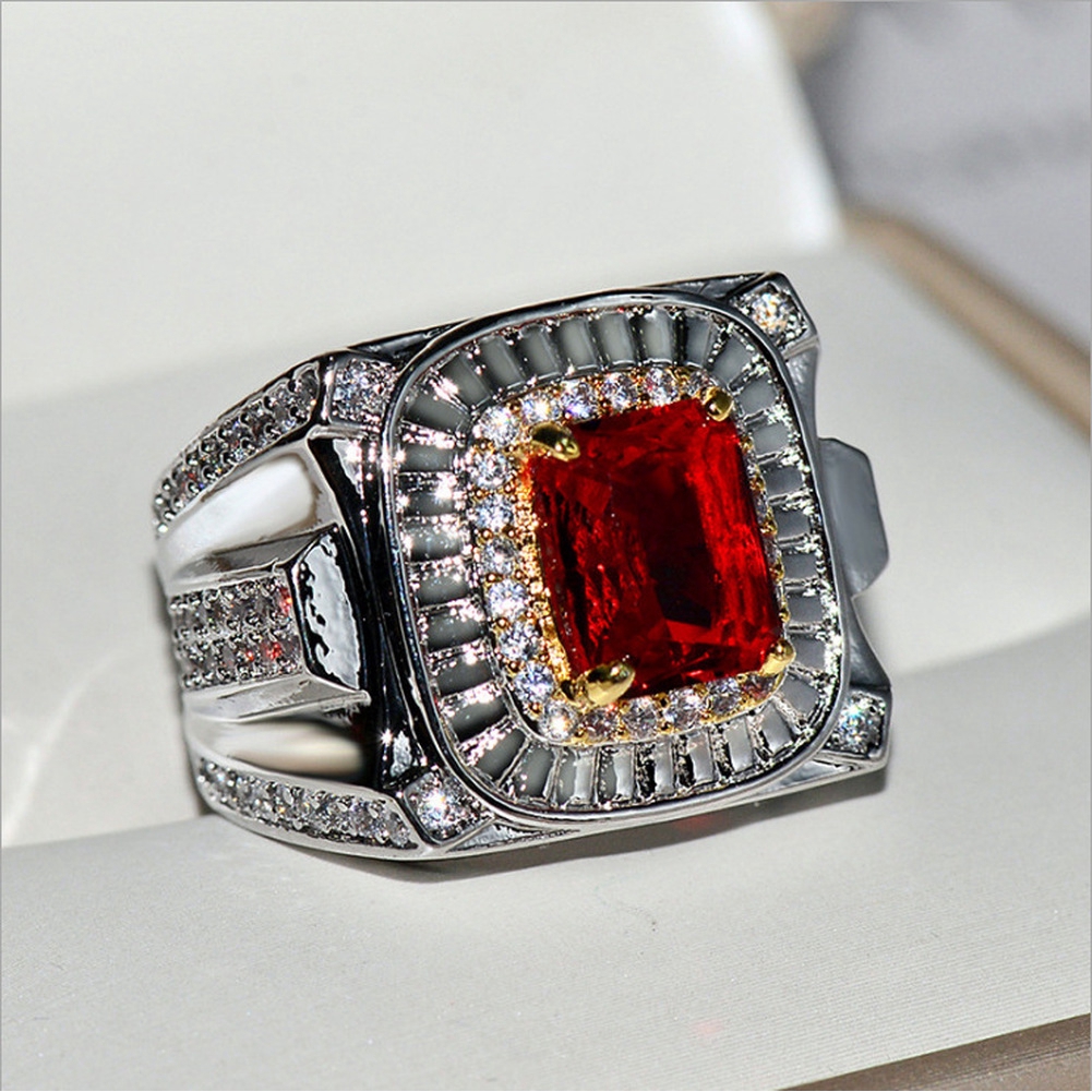 Cincin Kawin Rubi Bertatahkan Emas Putih Mewah Fashion Perhiasan Pria Wanita Berlian Batu Permata Kristal Merah Silver Rings